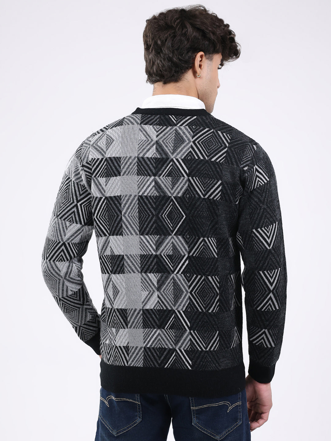 Men Black Self Design V Neck Full Sleeve Pullover