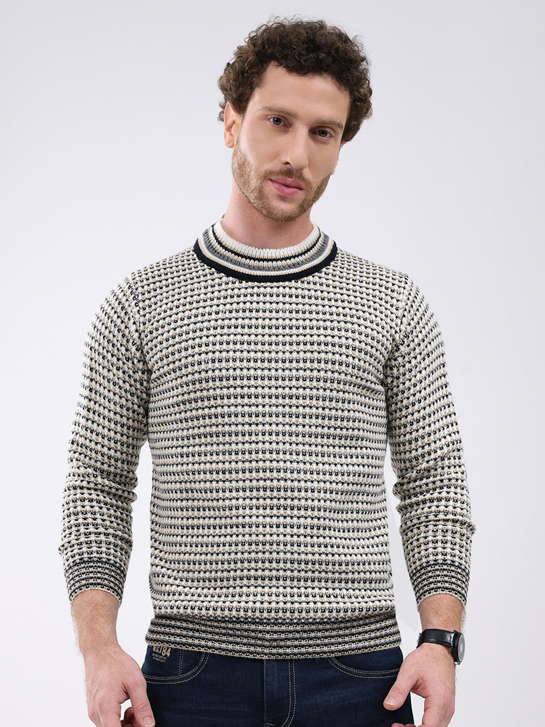 Men Cream Self Design Round Neck Full Sleeve Pullover