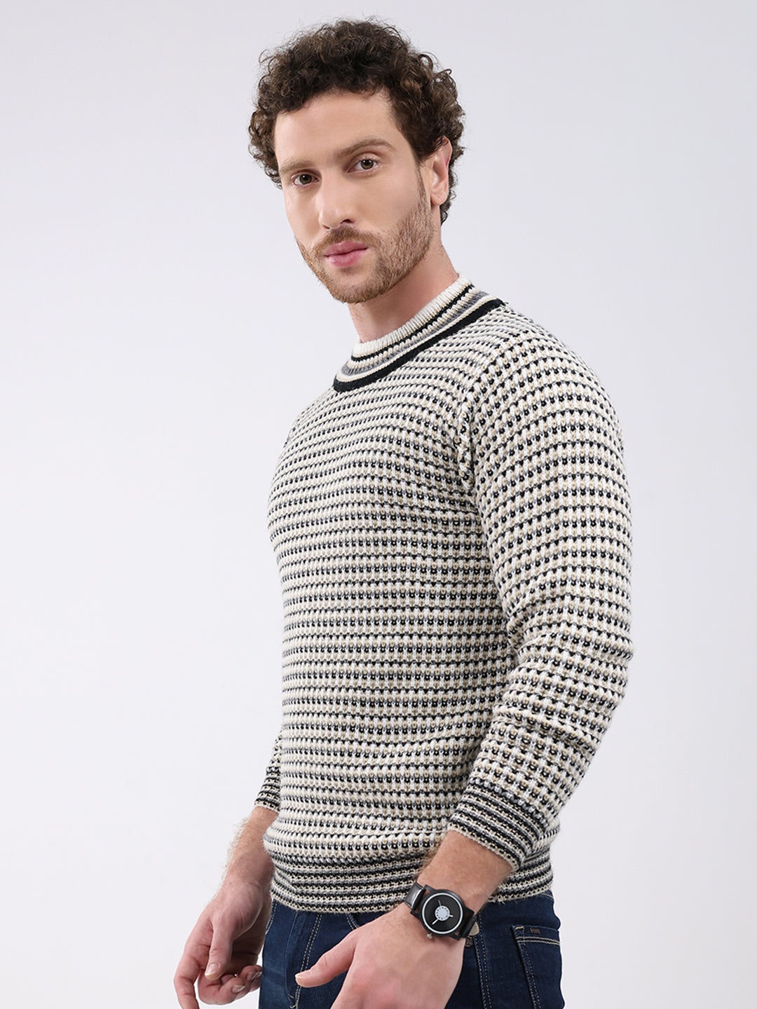 Men Cream Self Design Round Neck Full Sleeve Pullover