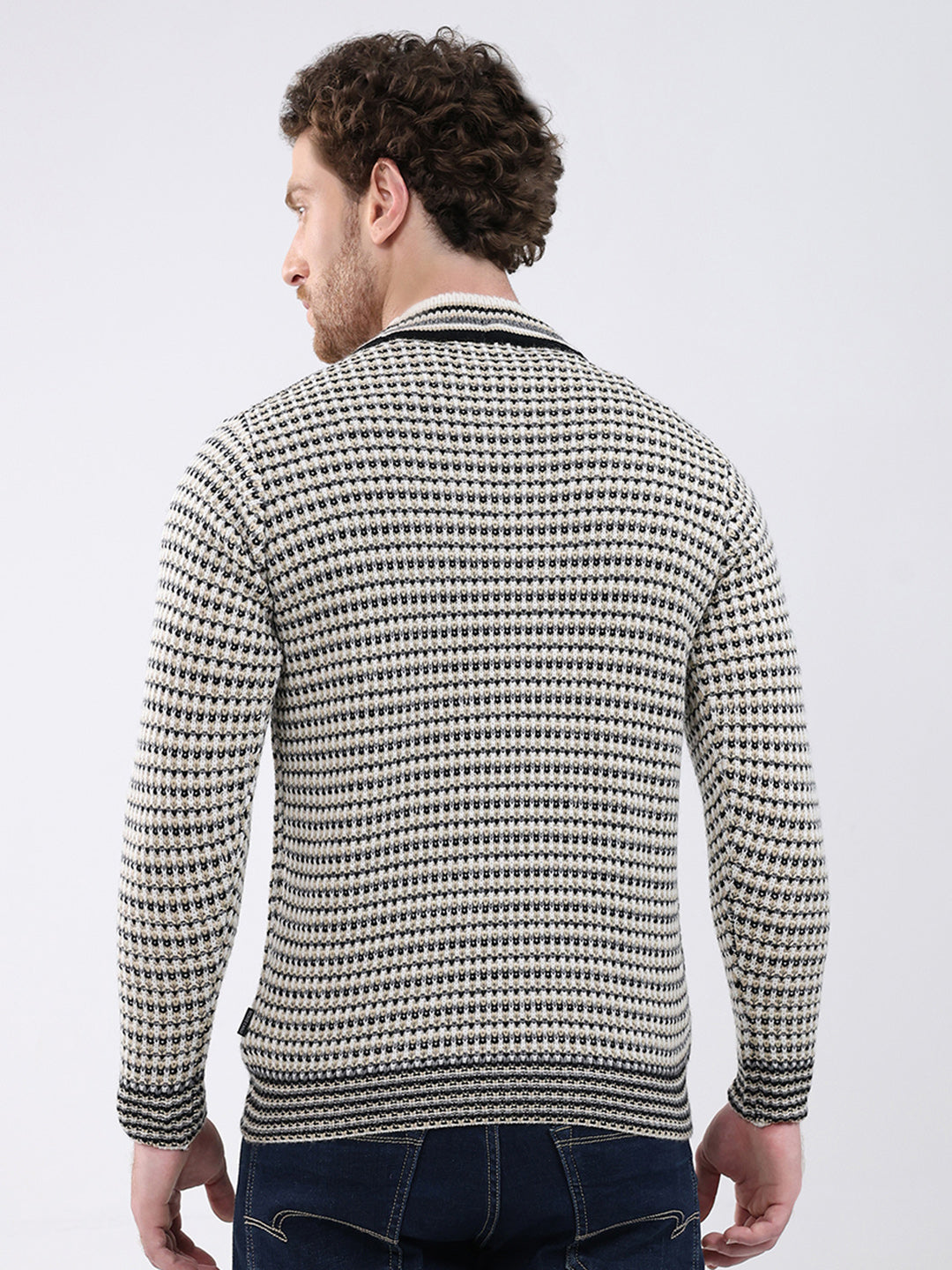 Men Cream Self Design Round Neck Full Sleeve Pullover