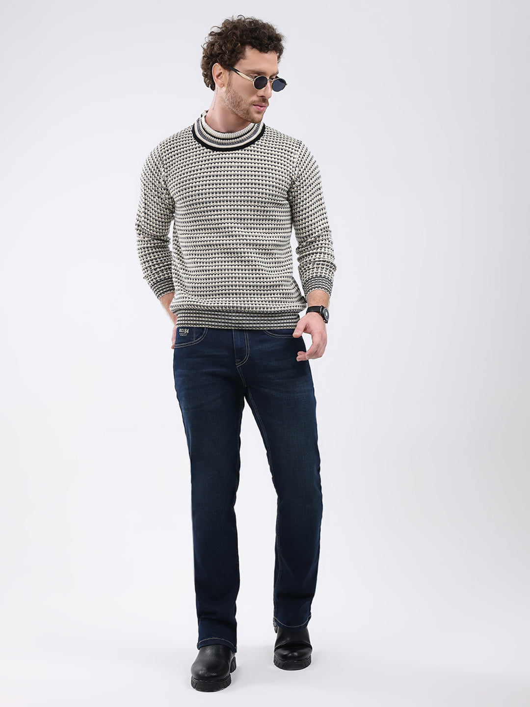 Men Cream Self Design Round Neck Full Sleeve Pullover