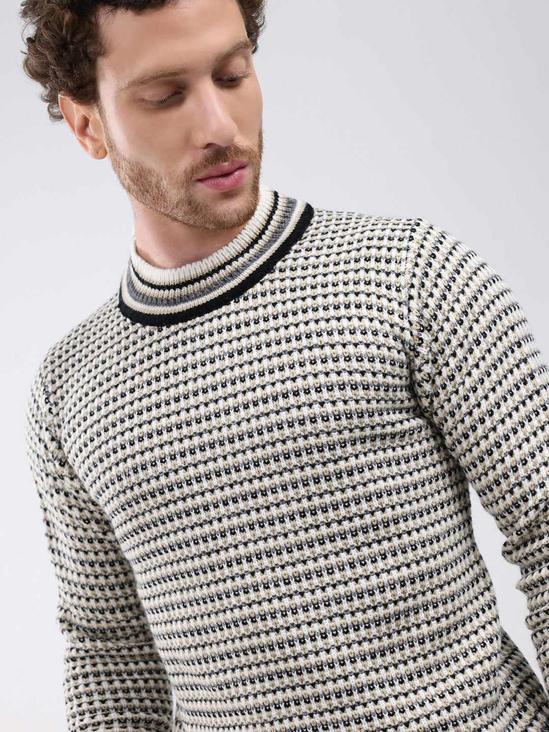 Men Cream Self Design Round Neck Full Sleeve Pullover