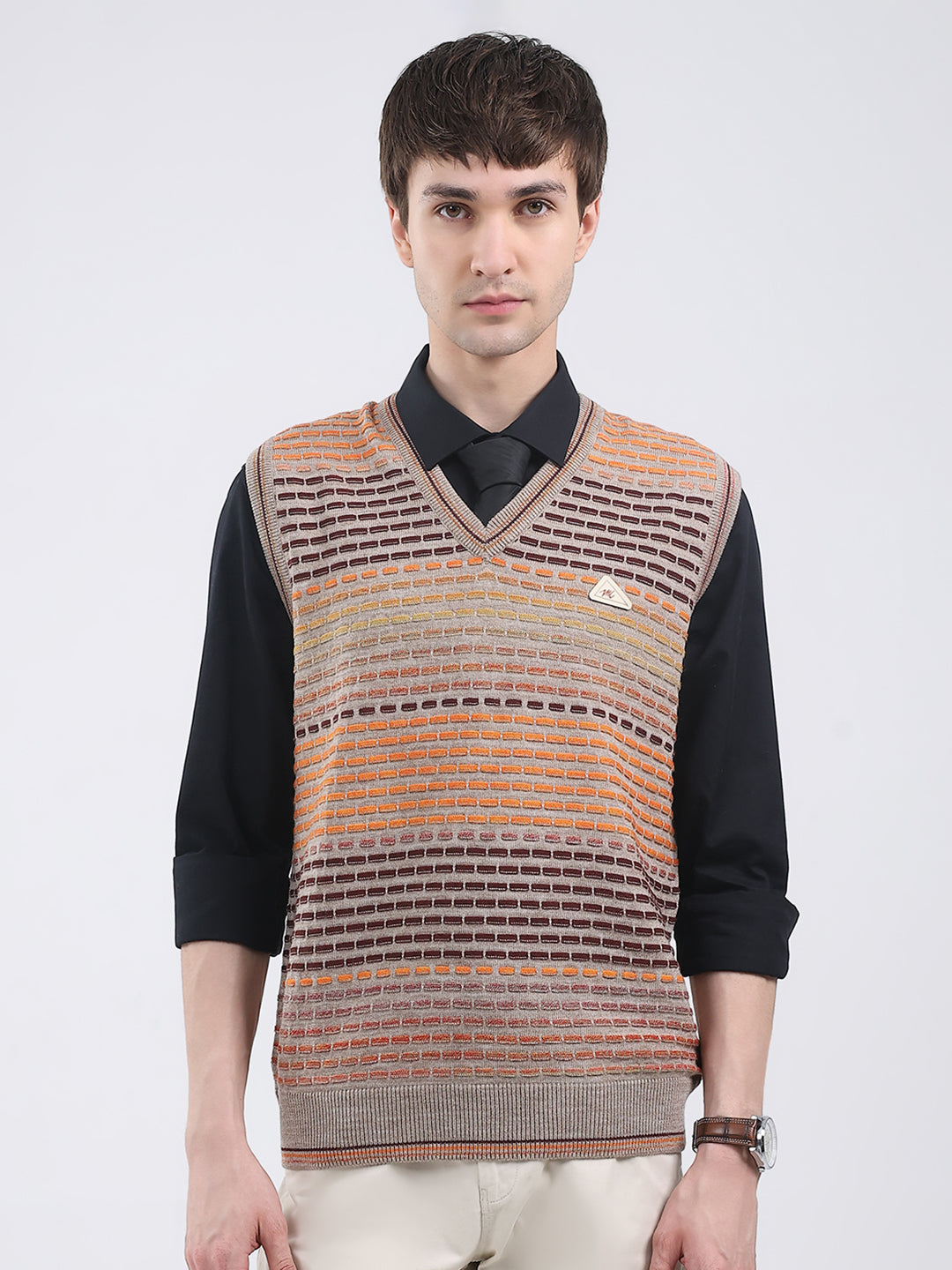 Men Multicolor Self Design V Neck Sleeveless Sweater