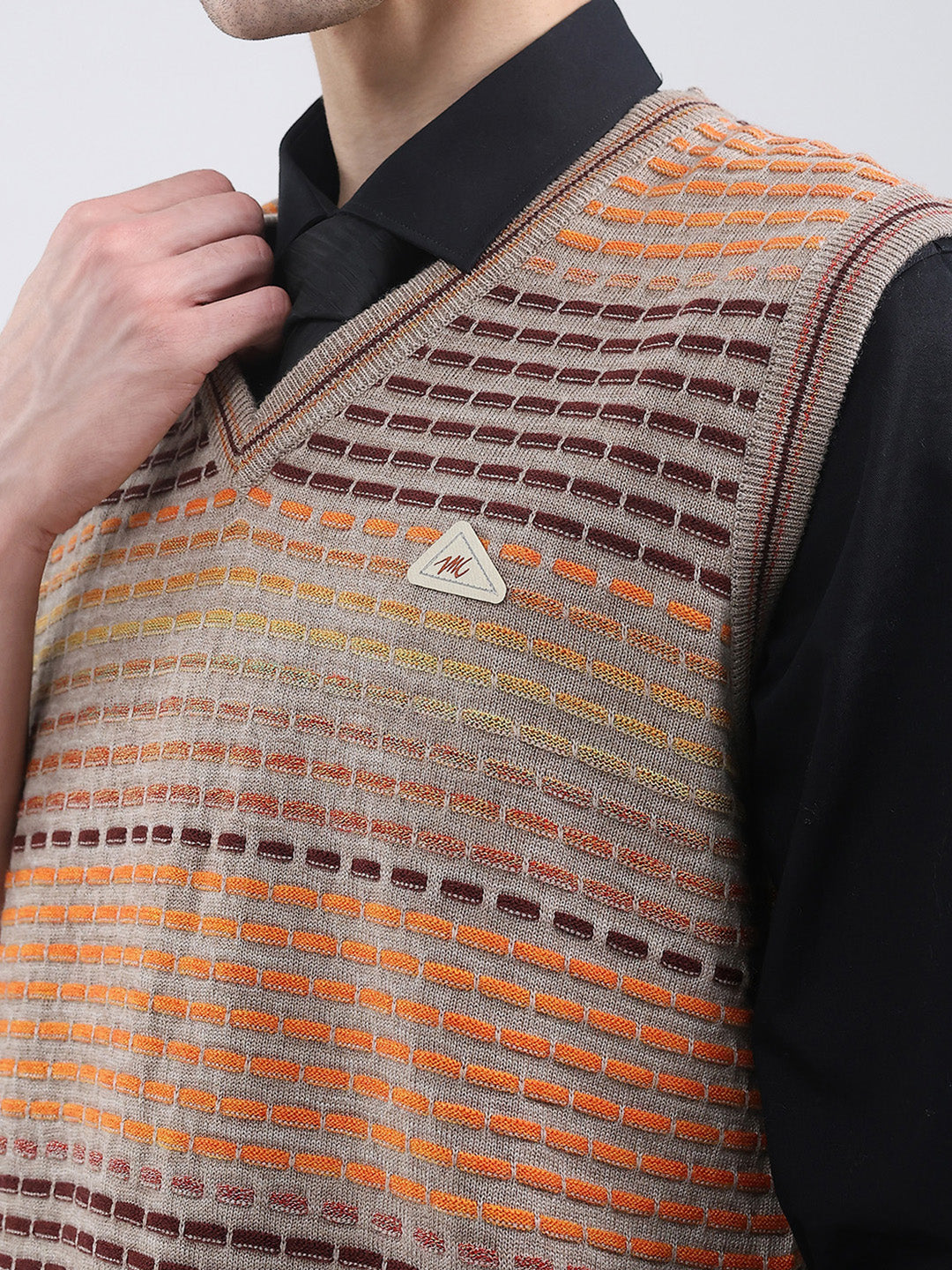 Men Multicolor Self Design V Neck Sleeveless Sweater