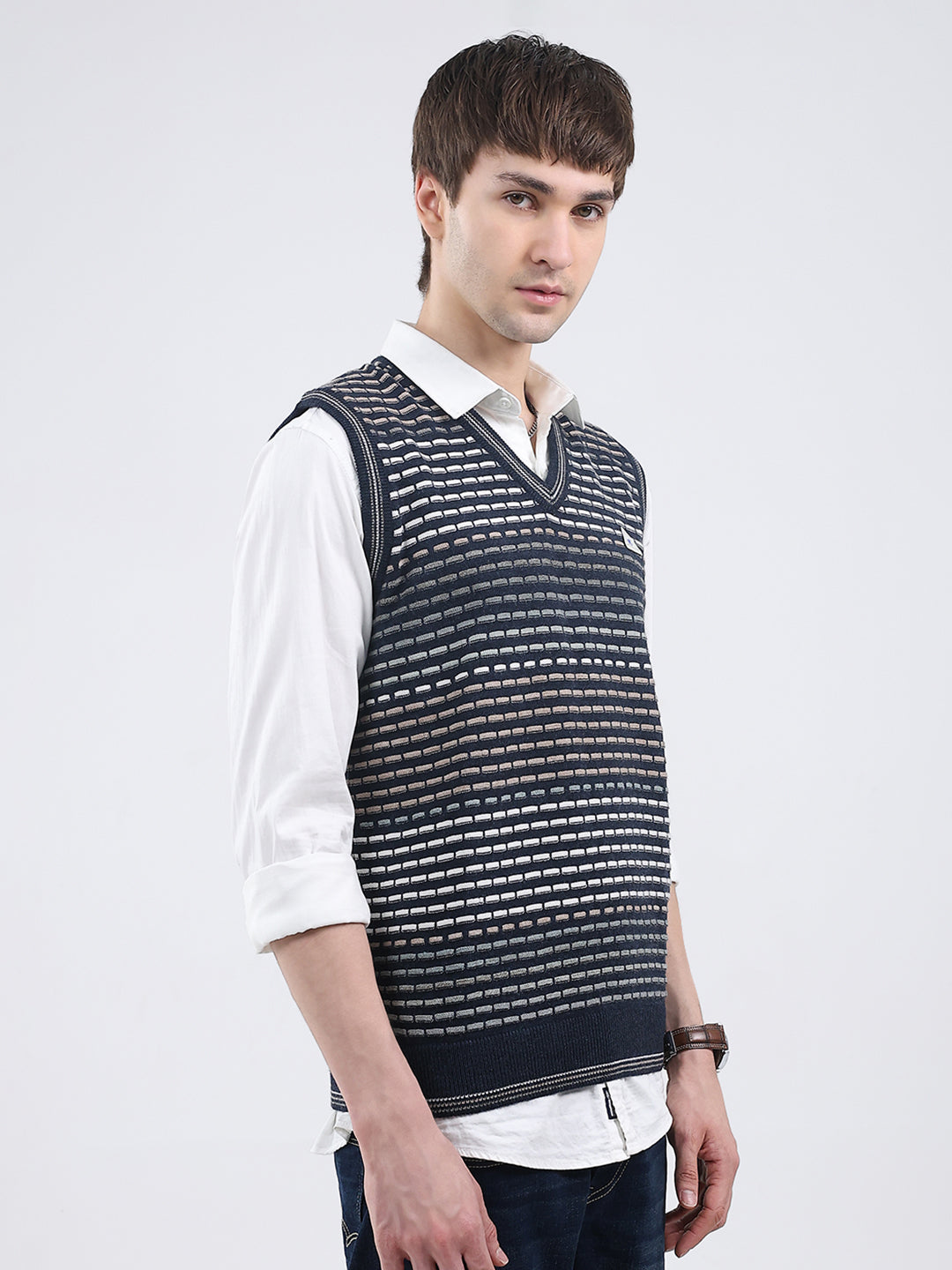 Men Navy Blue Self Design V Neck Sleeveless Sweater