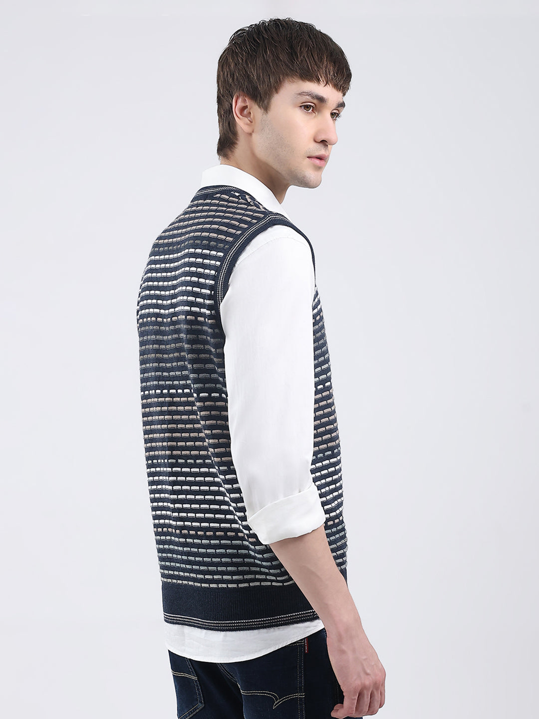 Men Navy Blue Self Design V Neck Sleeveless Sweater