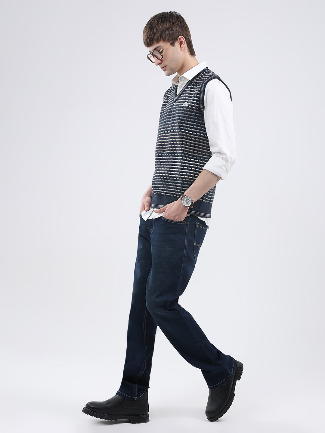 Men Navy Blue Self Design V Neck Sleeveless Sweater