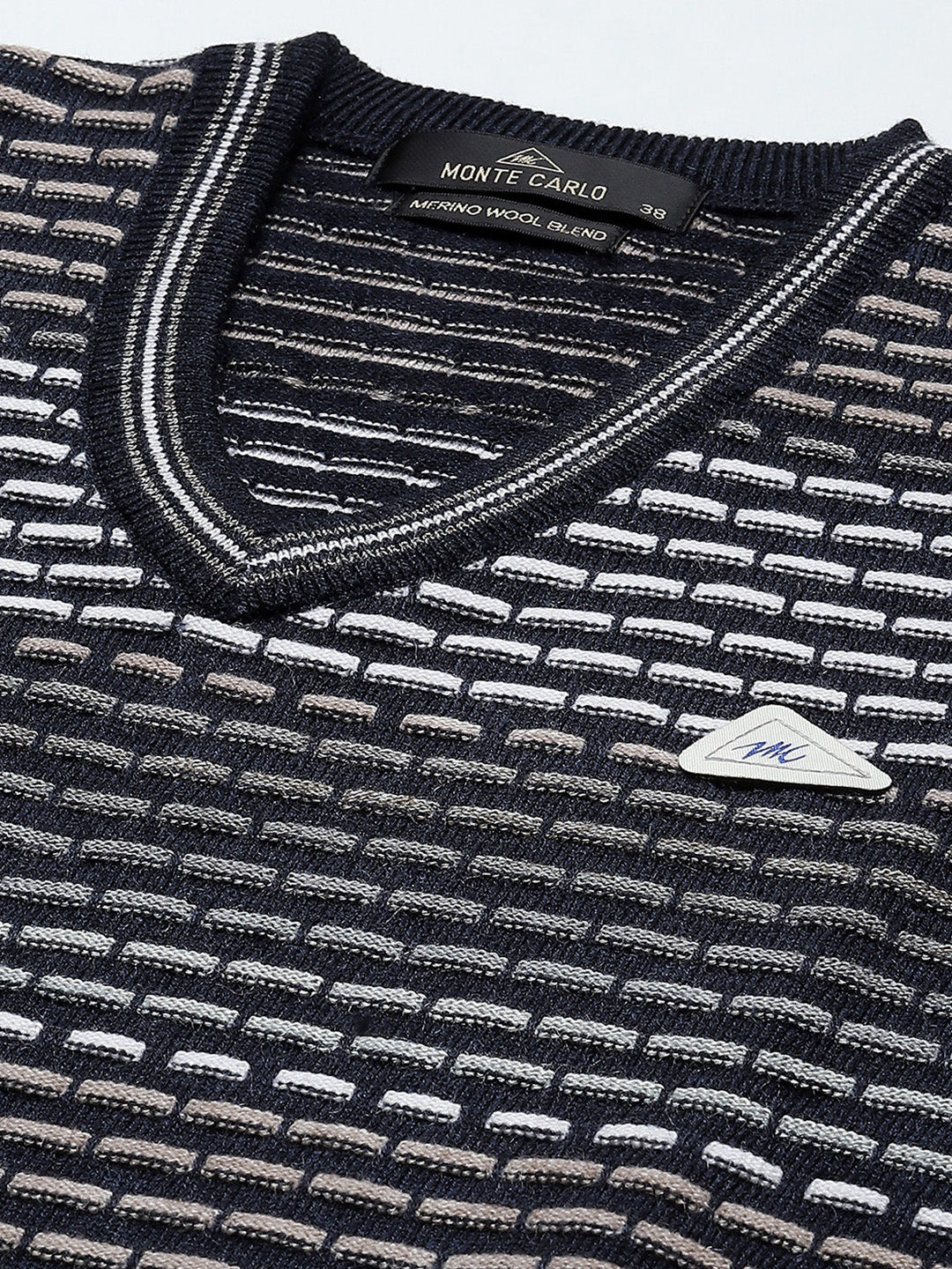 Men Navy Blue Self Design V Neck Sleeveless Sweater