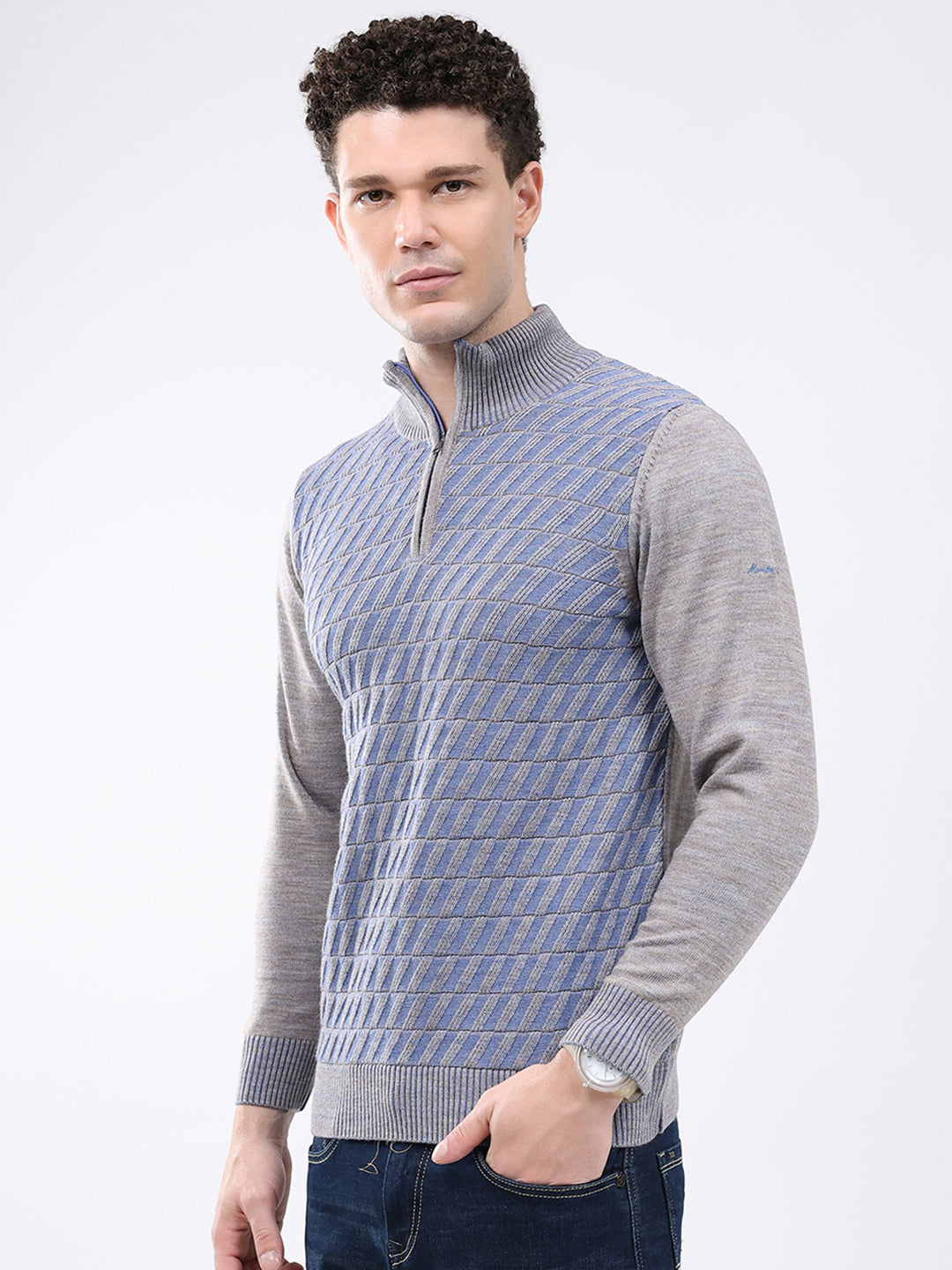 Men Grey Self Design Mock Neck Full Sleeve Pullover