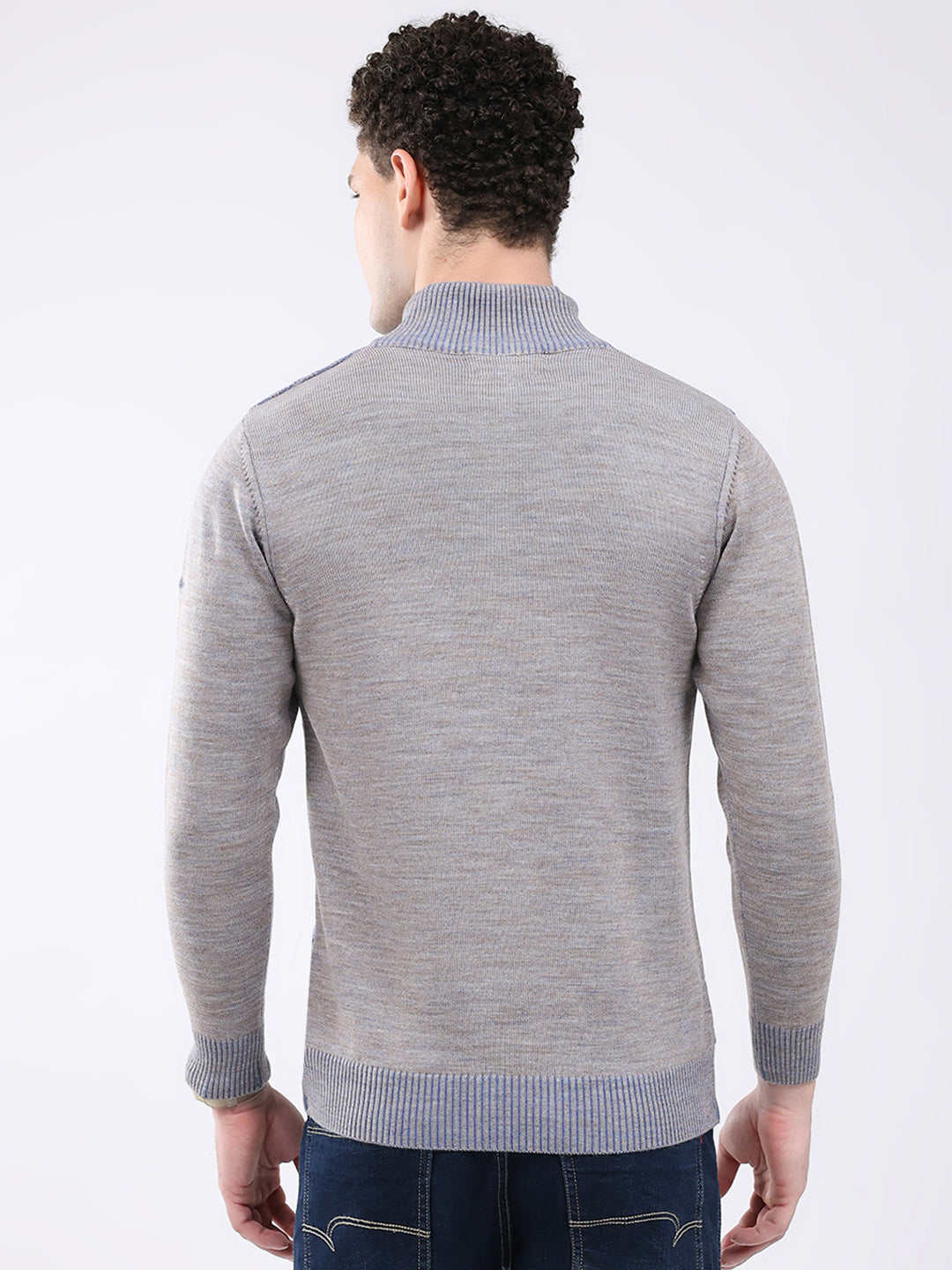 Men Grey Self Design Mock Neck Full Sleeve Pullover