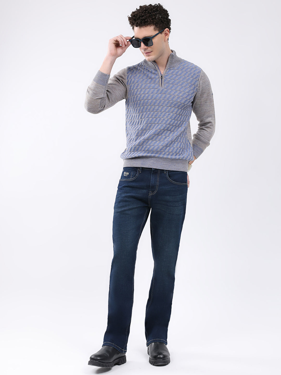 Men Grey Self Design Mock Neck Full Sleeve Pullover