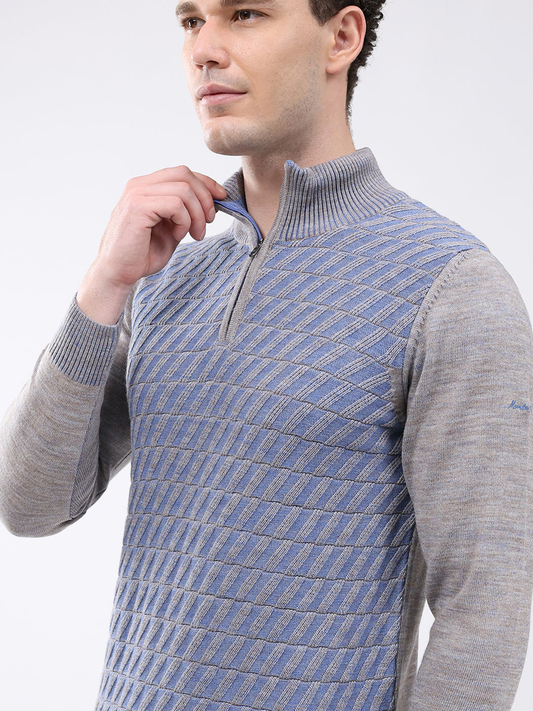 Men Grey Self Design Mock Neck Full Sleeve Pullover