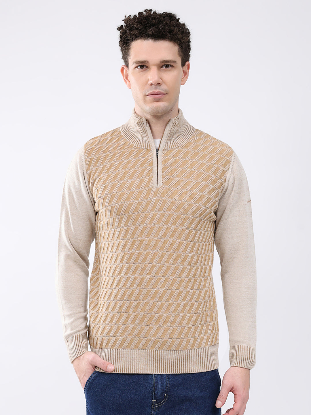 Men Brown Self Design Mock Neck Full Sleeve Pullover
