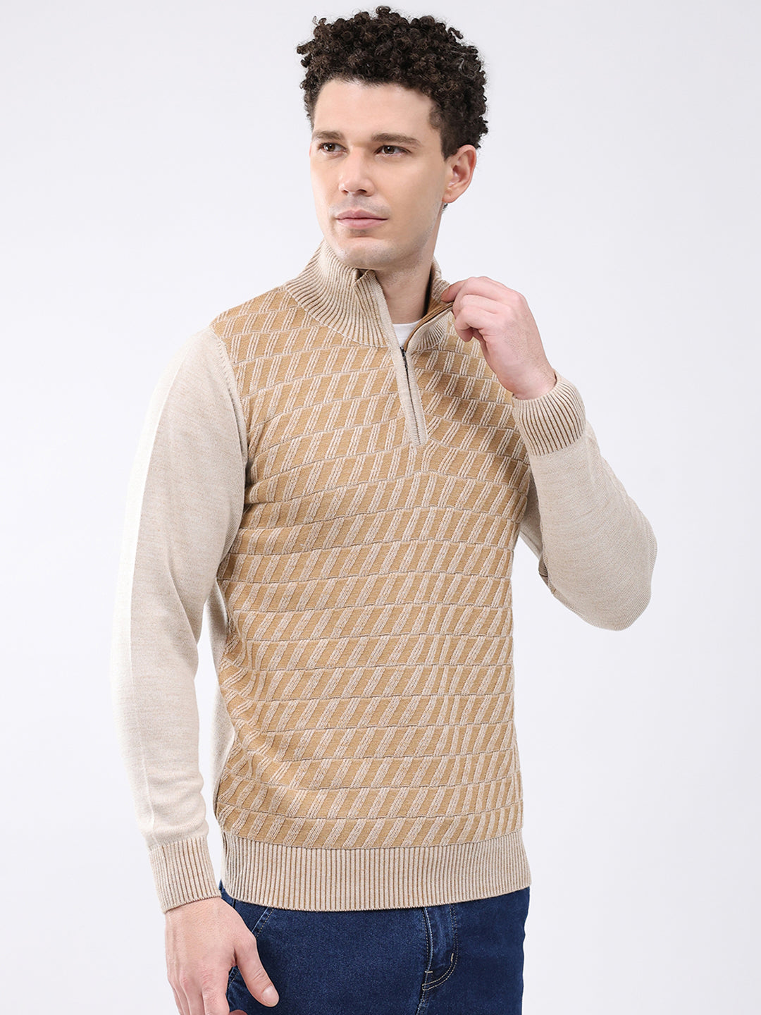 Men Brown Self Design Mock Neck Full Sleeve Pullover