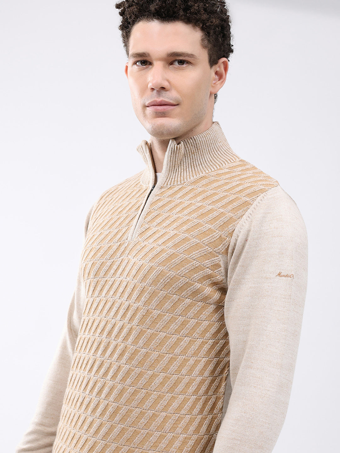 Men Brown Self Design Mock Neck Full Sleeve Pullover