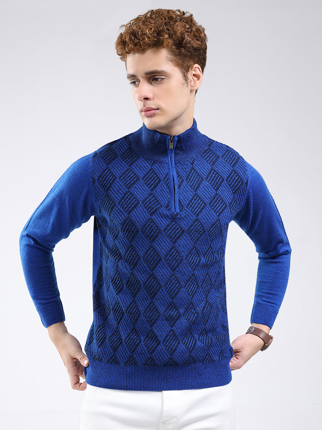 Men Blue Self Design Mock Neck Full Sleeve Pullover