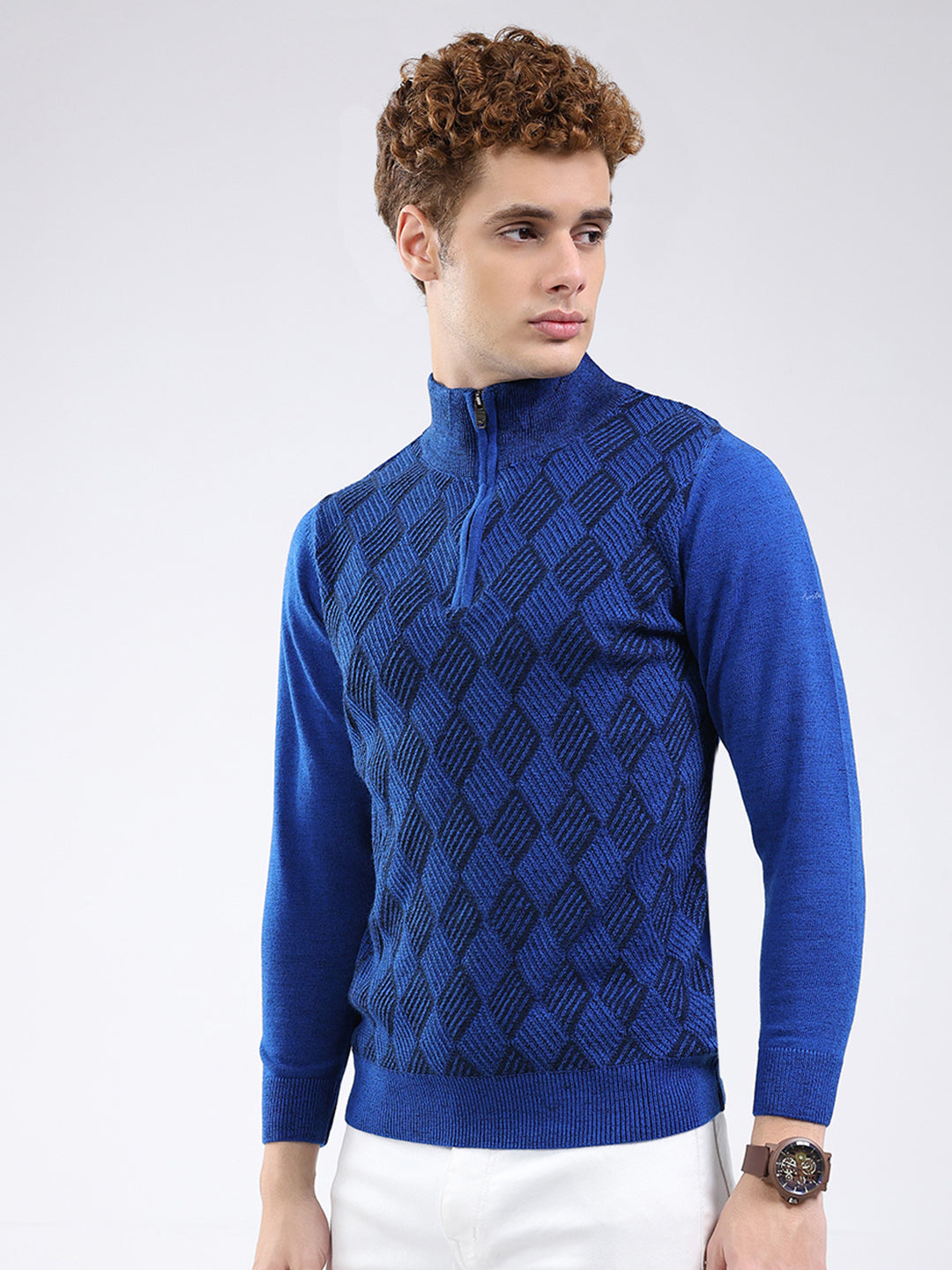 Men Blue Self Design Mock Neck Full Sleeve Pullover
