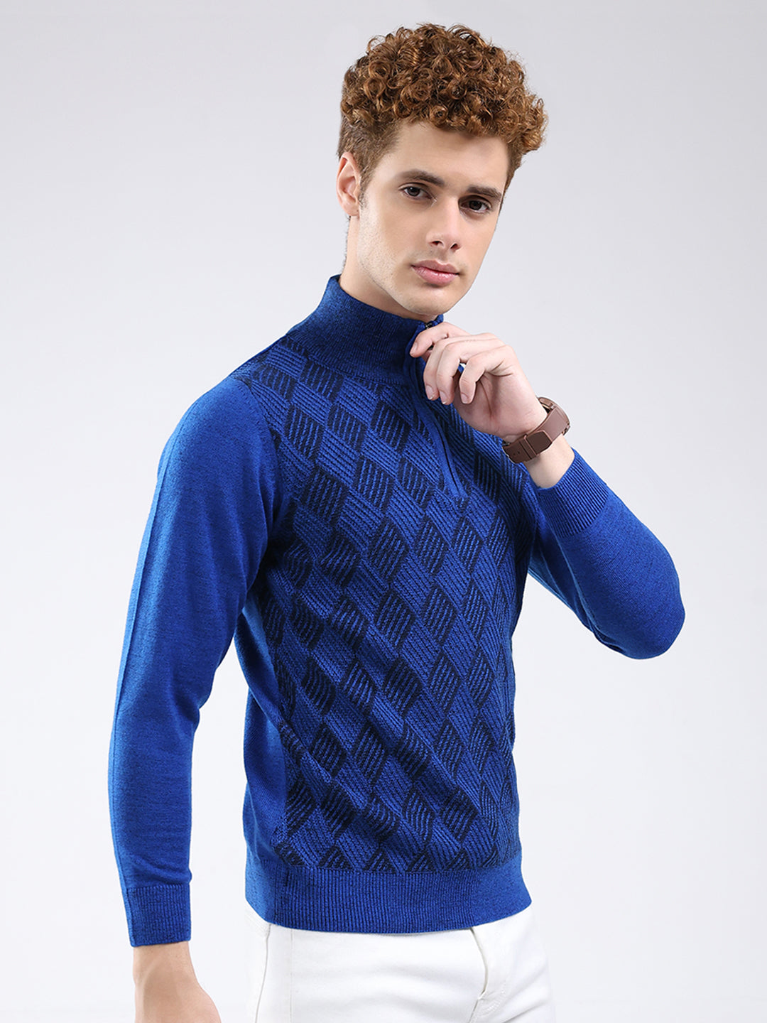 Men Blue Self Design Mock Neck Full Sleeve Pullover