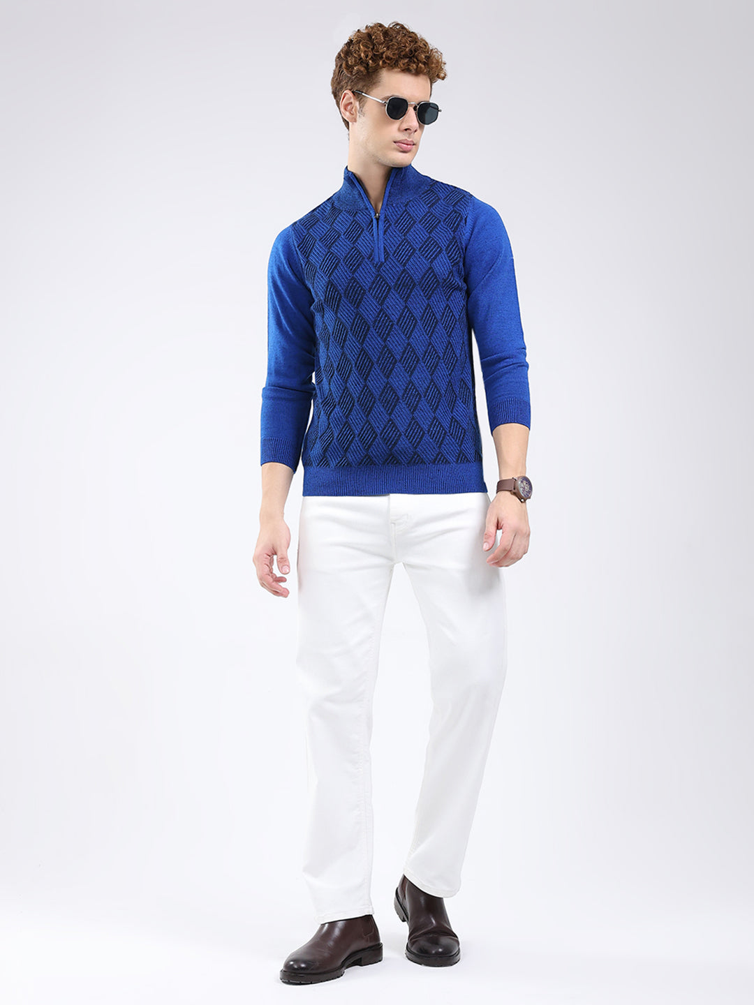 Men Blue Self Design Mock Neck Full Sleeve Pullover
