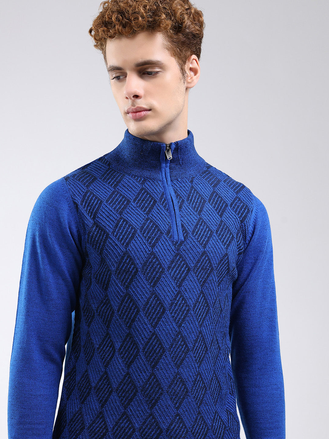 Men Blue Self Design Mock Neck Full Sleeve Pullover