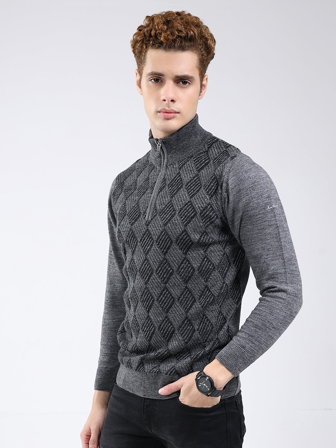 Men Grey Self Design Mock Neck Full Sleeve Pullover