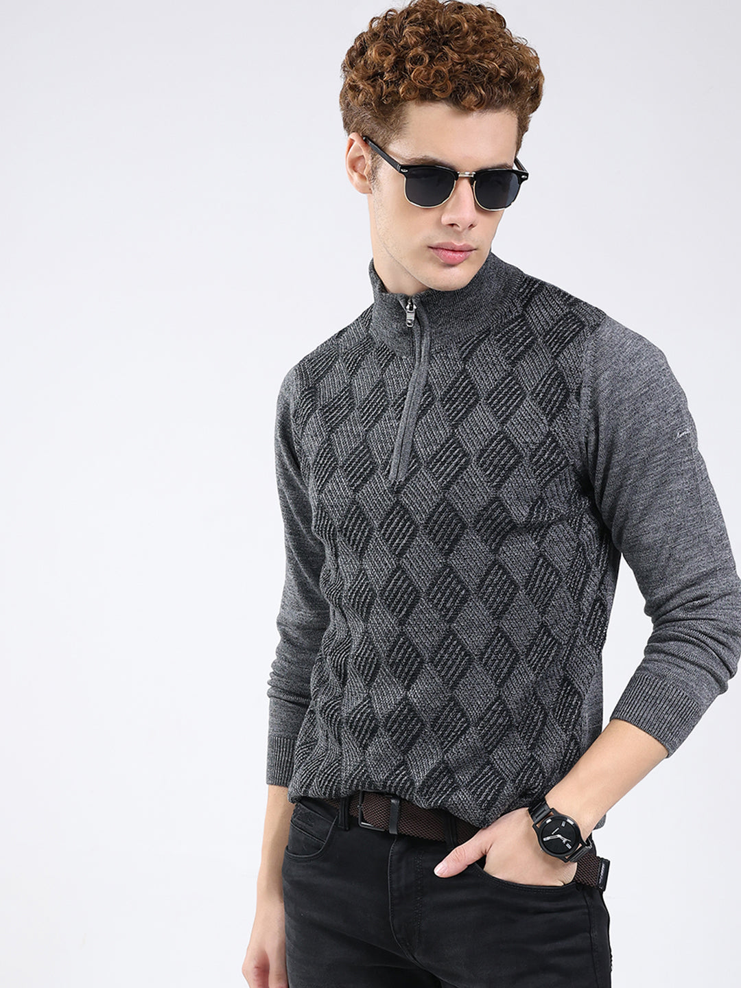 Men Grey Self Design Mock Neck Full Sleeve Pullover