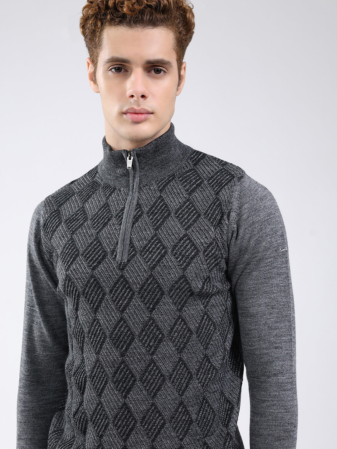Men Grey Self Design Mock Neck Full Sleeve Pullover