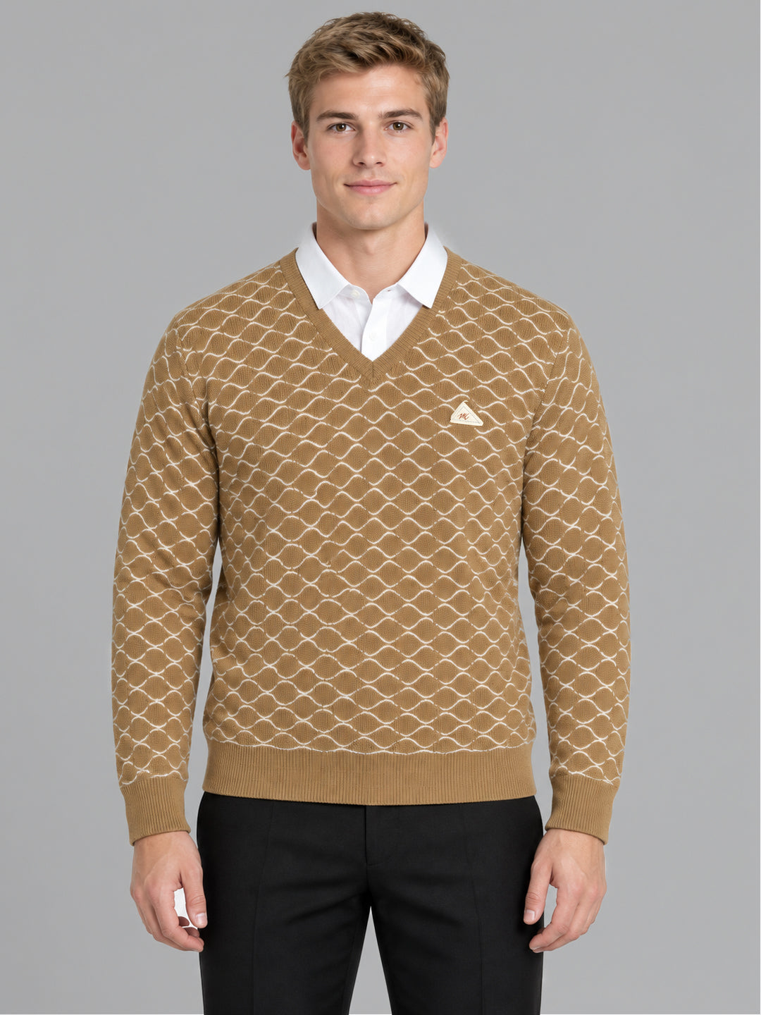 Men Camel Brown Designer V Neck Full Sleeve Pullover