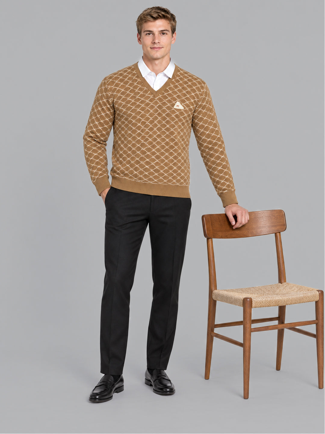 Men Camel Brown Designer V Neck Full Sleeve Pullover