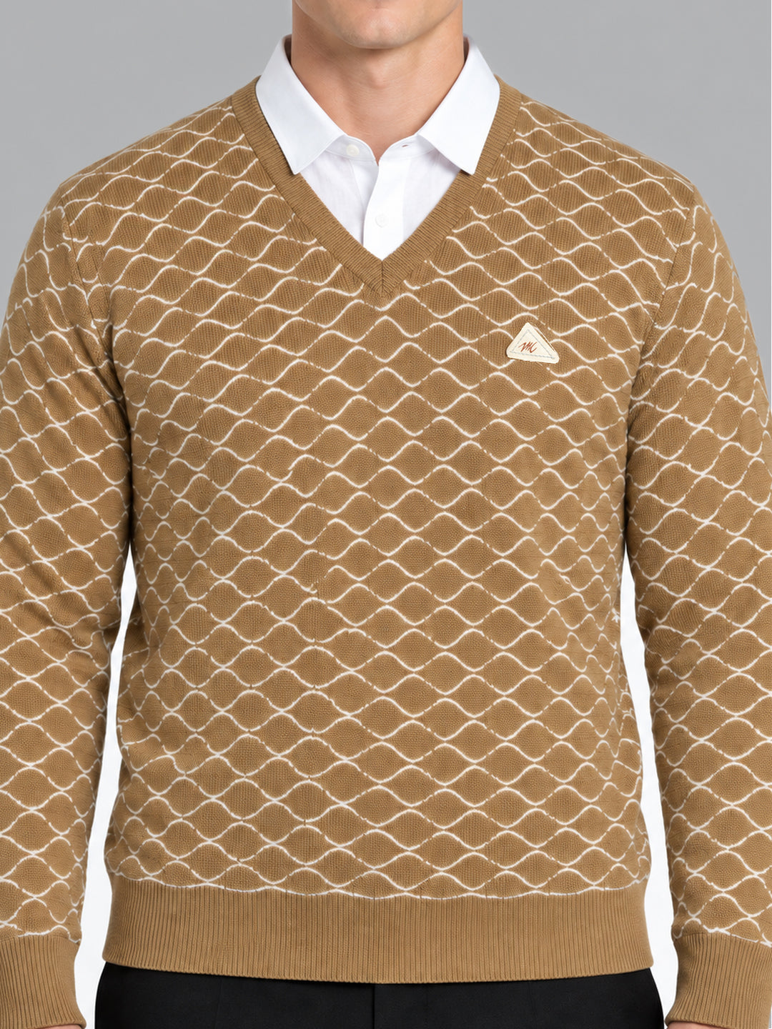 Men Camel Brown Designer V Neck Full Sleeve Pullover