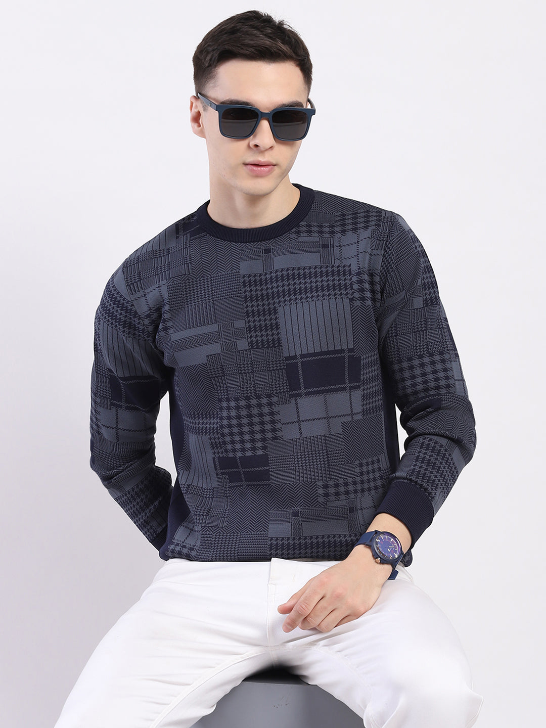 Men Navy Blue Self Design Round Neck Full Sleeve Pullover