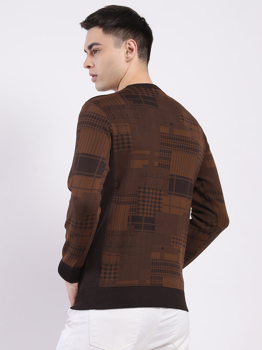 Men Brown Self Design Round Neck Full Sleeve Pullover