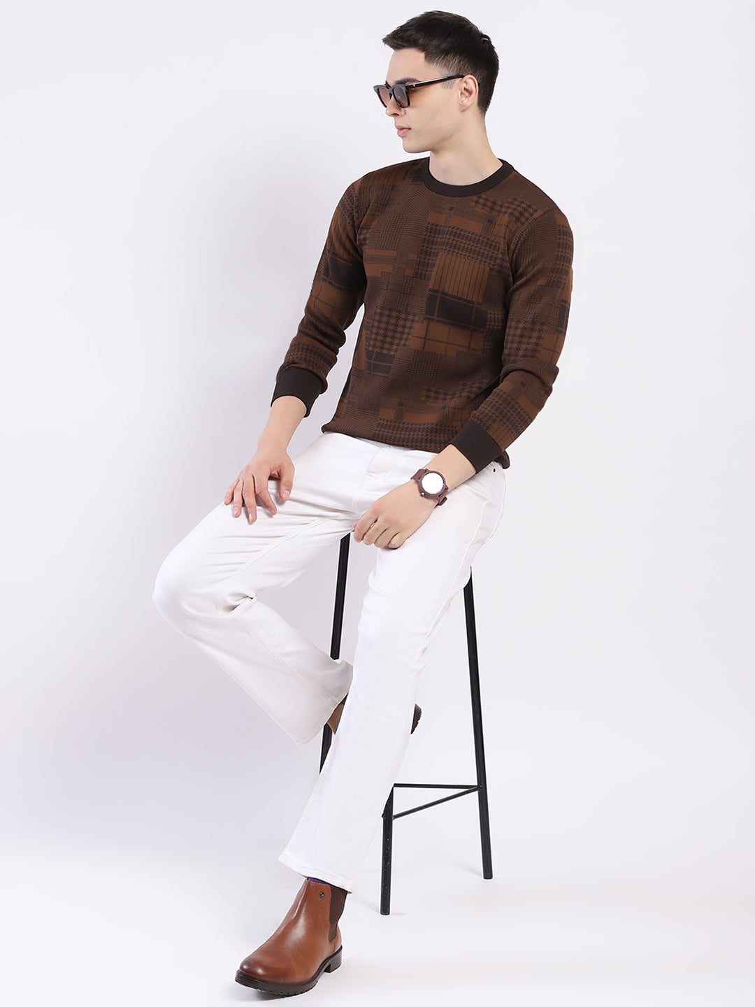Men Brown Self Design Round Neck Full Sleeve Pullover