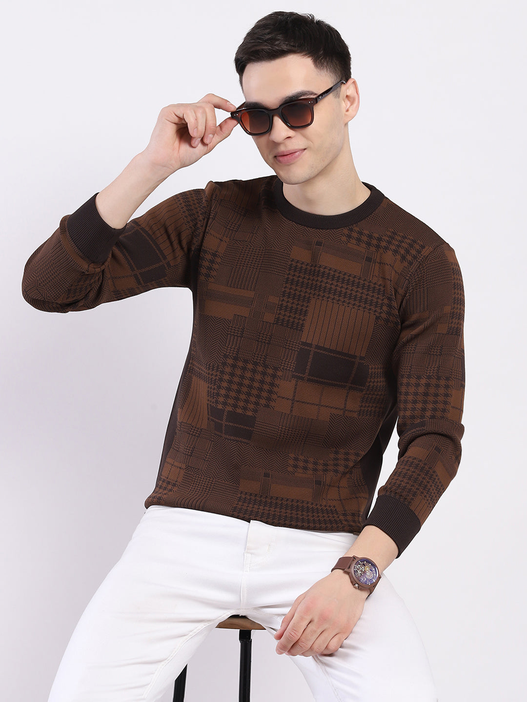 Men Brown Self Design Round Neck Full Sleeve Pullover