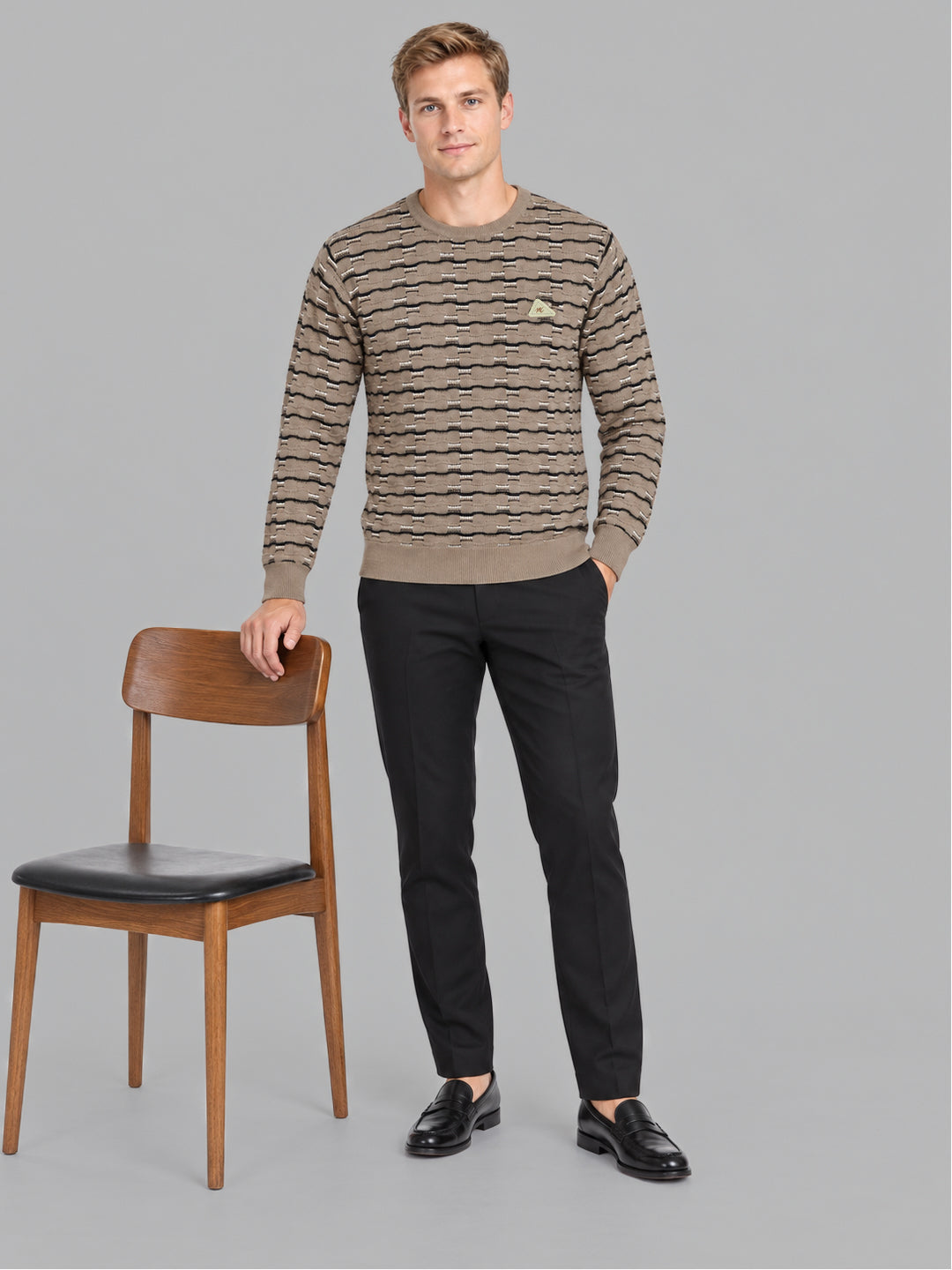 Men Beige Designer Round Neck Full Sleeve Pullover