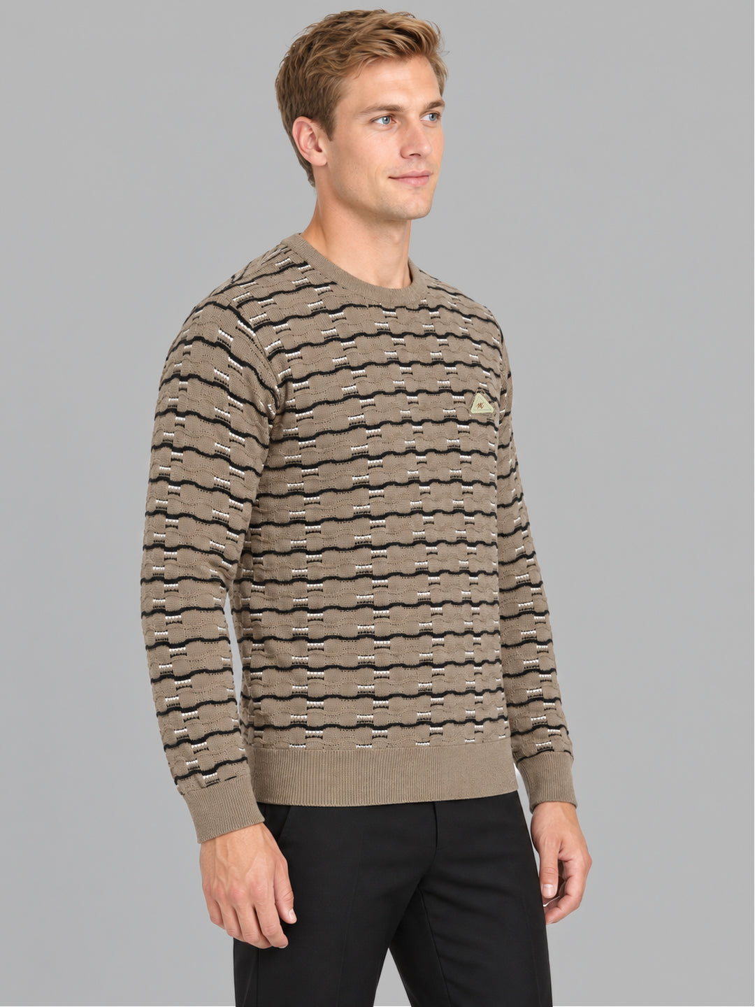 Men Beige Designer Round Neck Full Sleeve Pullover
