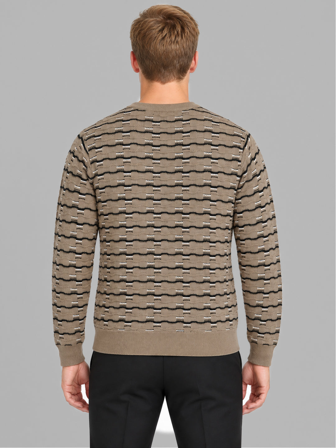 Men Beige Designer Round Neck Full Sleeve Pullover