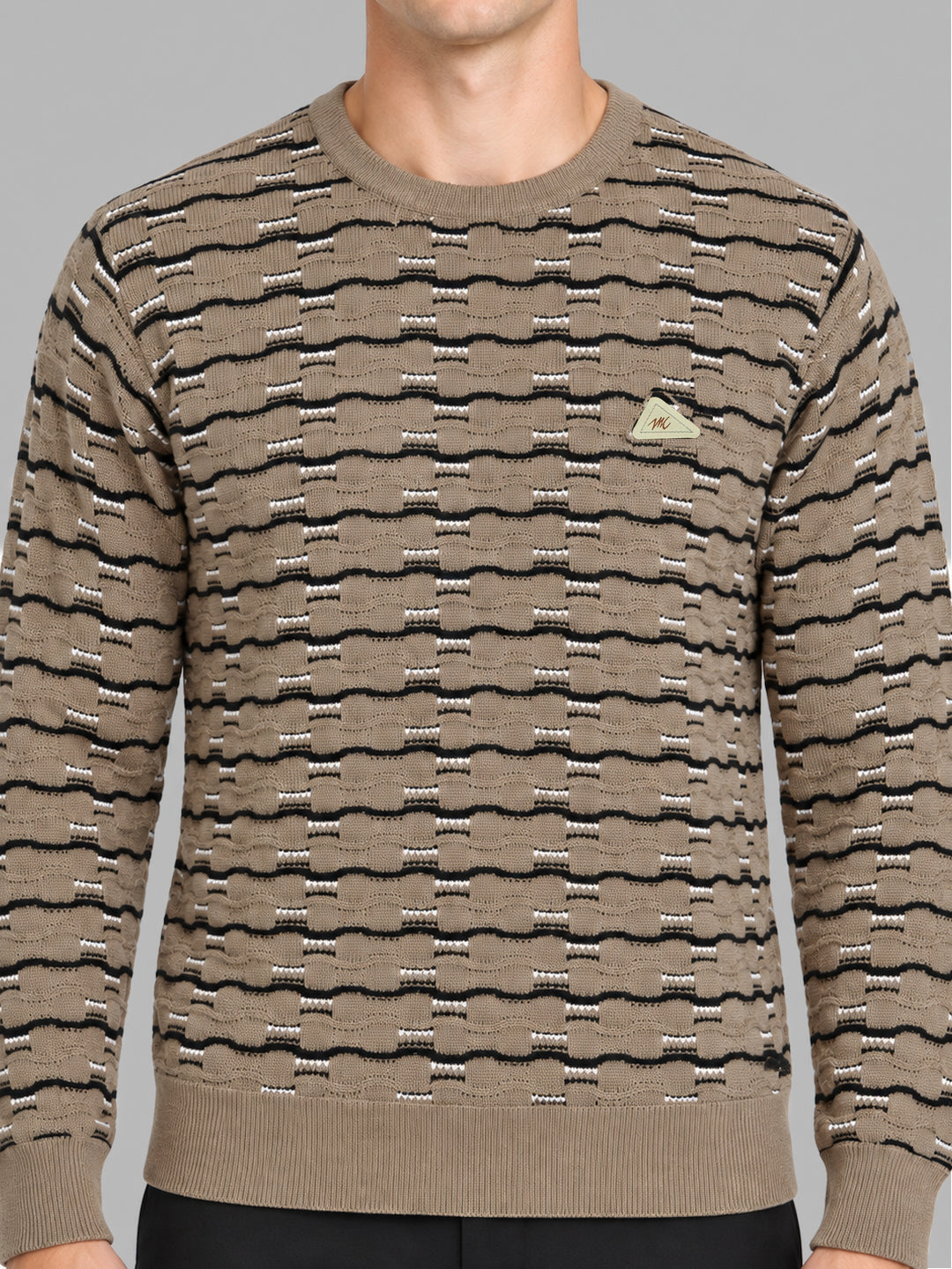 Men Beige Designer Round Neck Full Sleeve Pullover