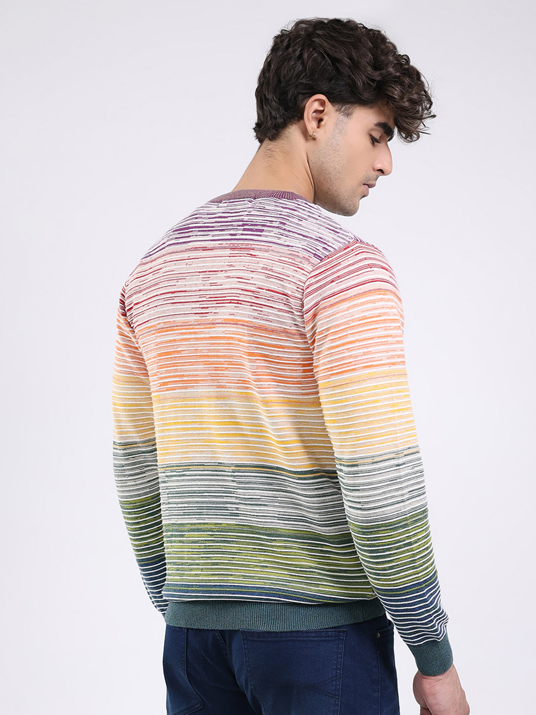 Men Multicolor Stripe V Neck Full Sleeve Pullover