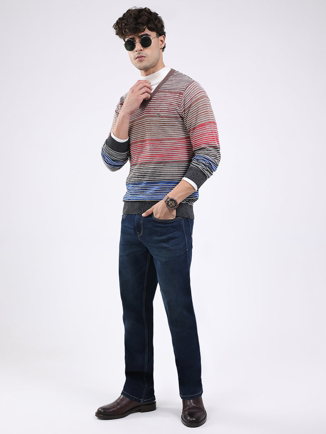 Men Multicolor Stripe V Neck Full Sleeve Pullover