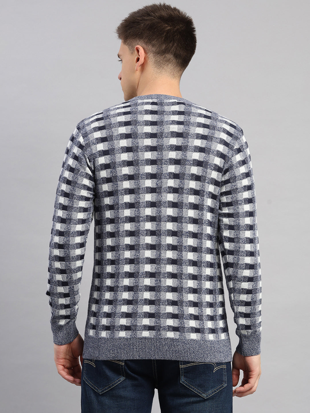 Men Light Blue Printed V Neck Full Sleeve Pullover