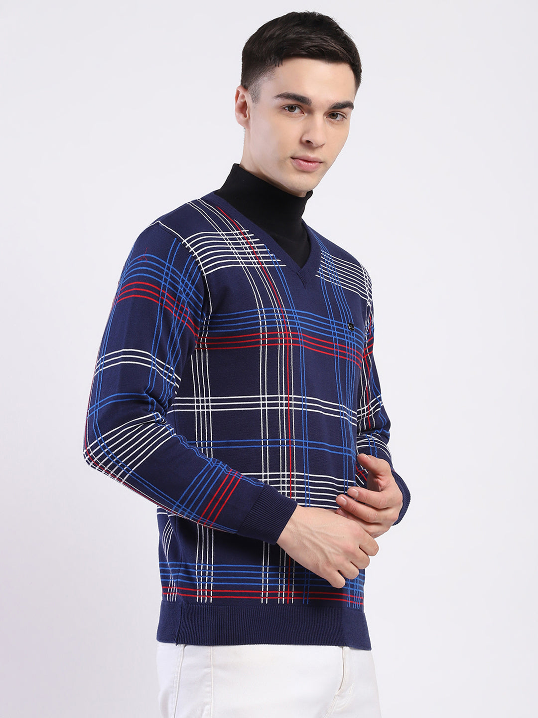 Men Blue Self Design V Neck Full Sleeve Pullover