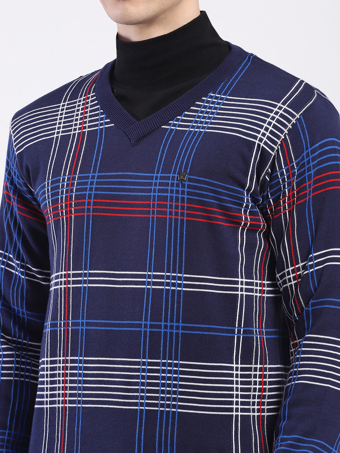 Men Blue Self Design V Neck Full Sleeve Pullover