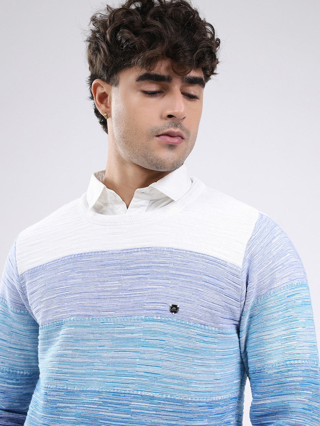 Men Blue Solid Round Neck Full Sleeve Pullover