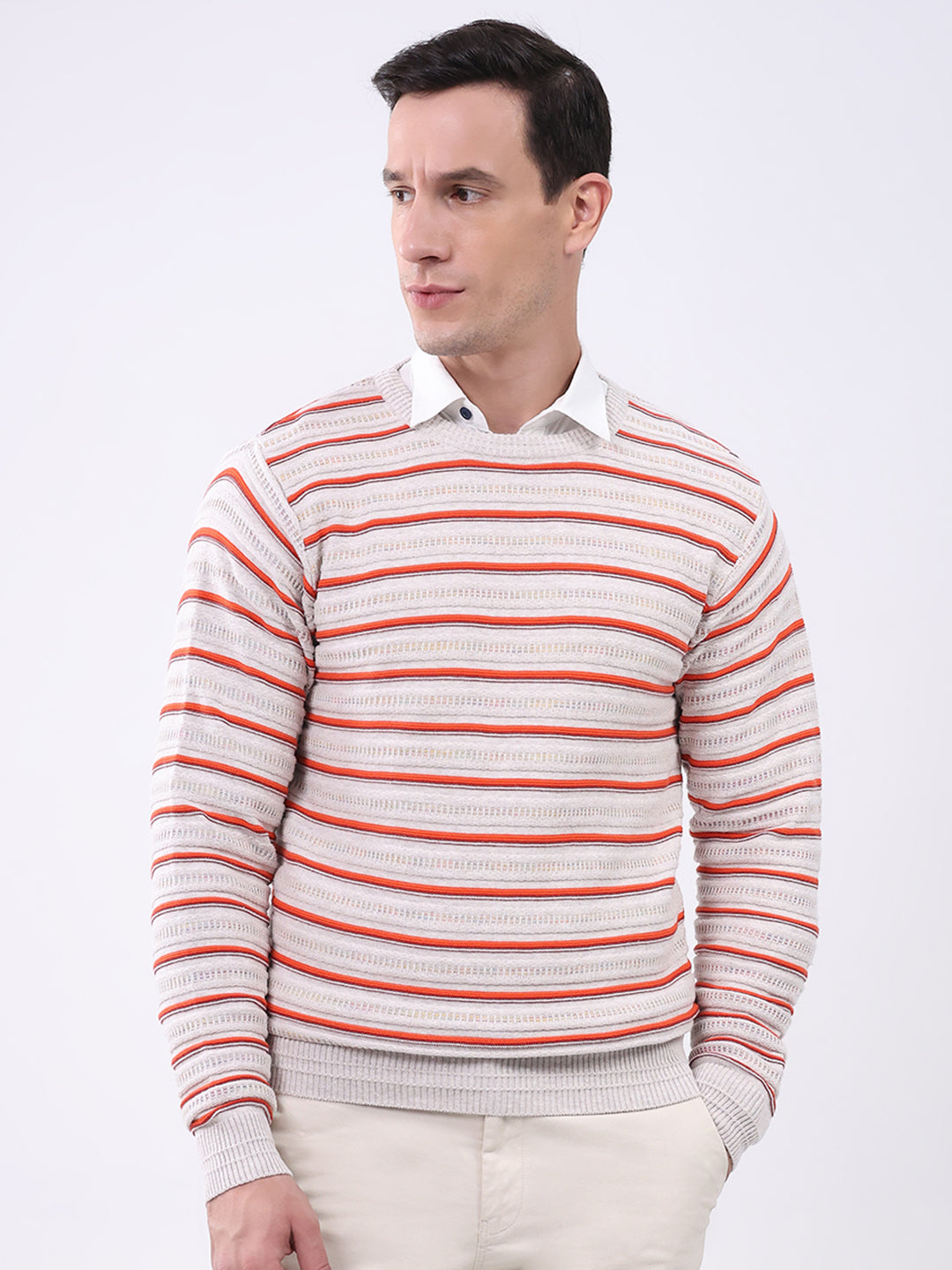 Men Beige Stripe Round Neck Full Sleeve Pullover