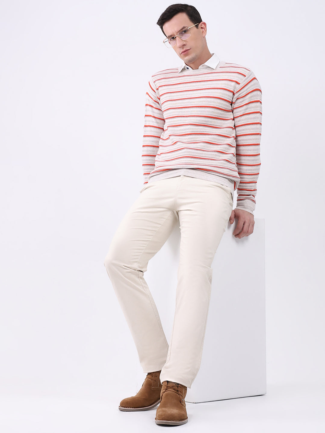Men Beige Stripe Round Neck Full Sleeve Pullover