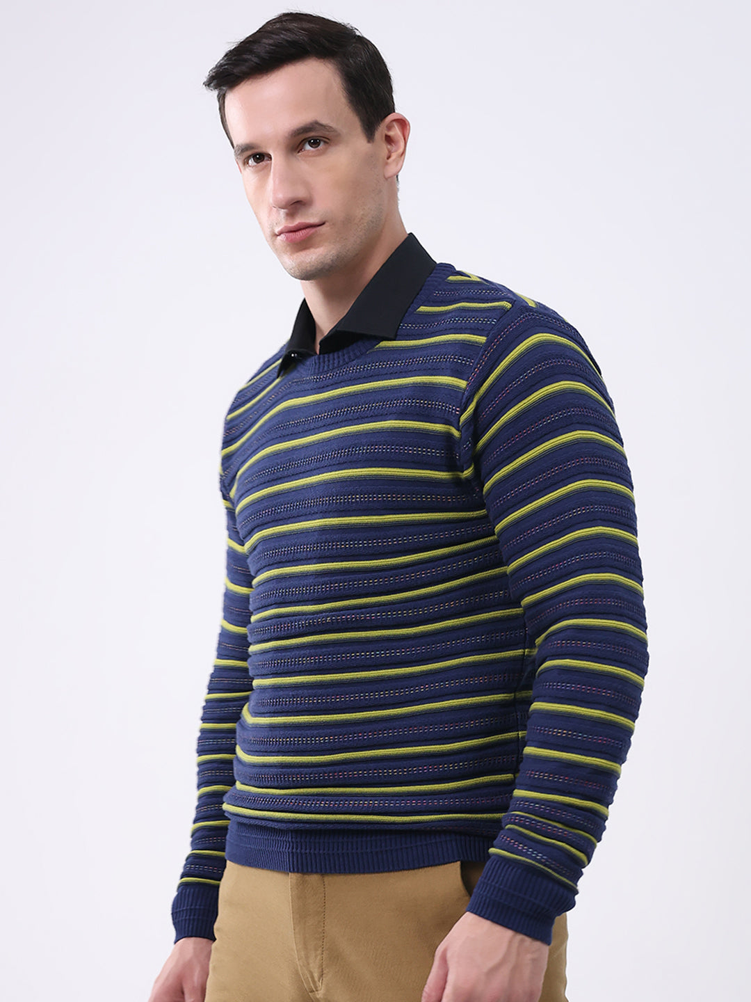 Men Blue Stripe Round Neck Full Sleeve Pullover