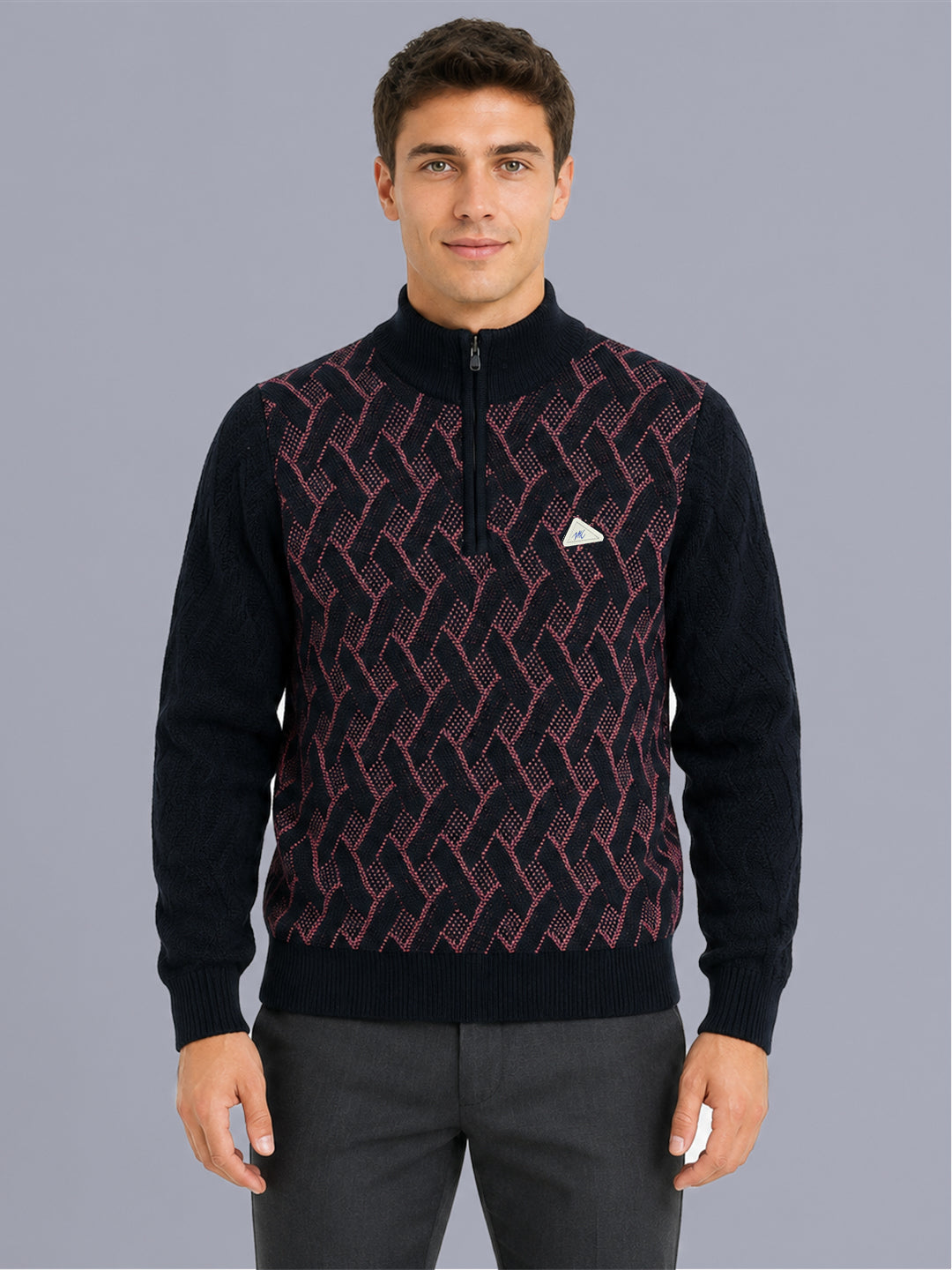 Men Navy Blue Jacquard Collar Full Sleeve Pullover