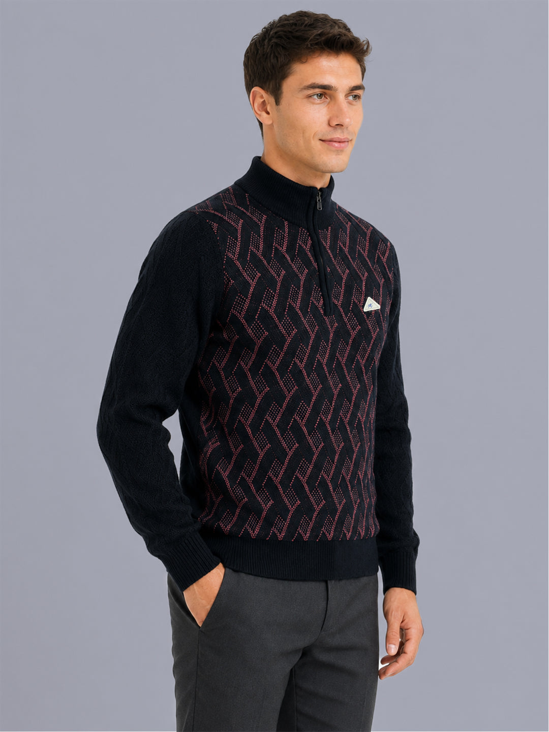 Men Navy Blue Jacquard Collar Full Sleeve Pullover