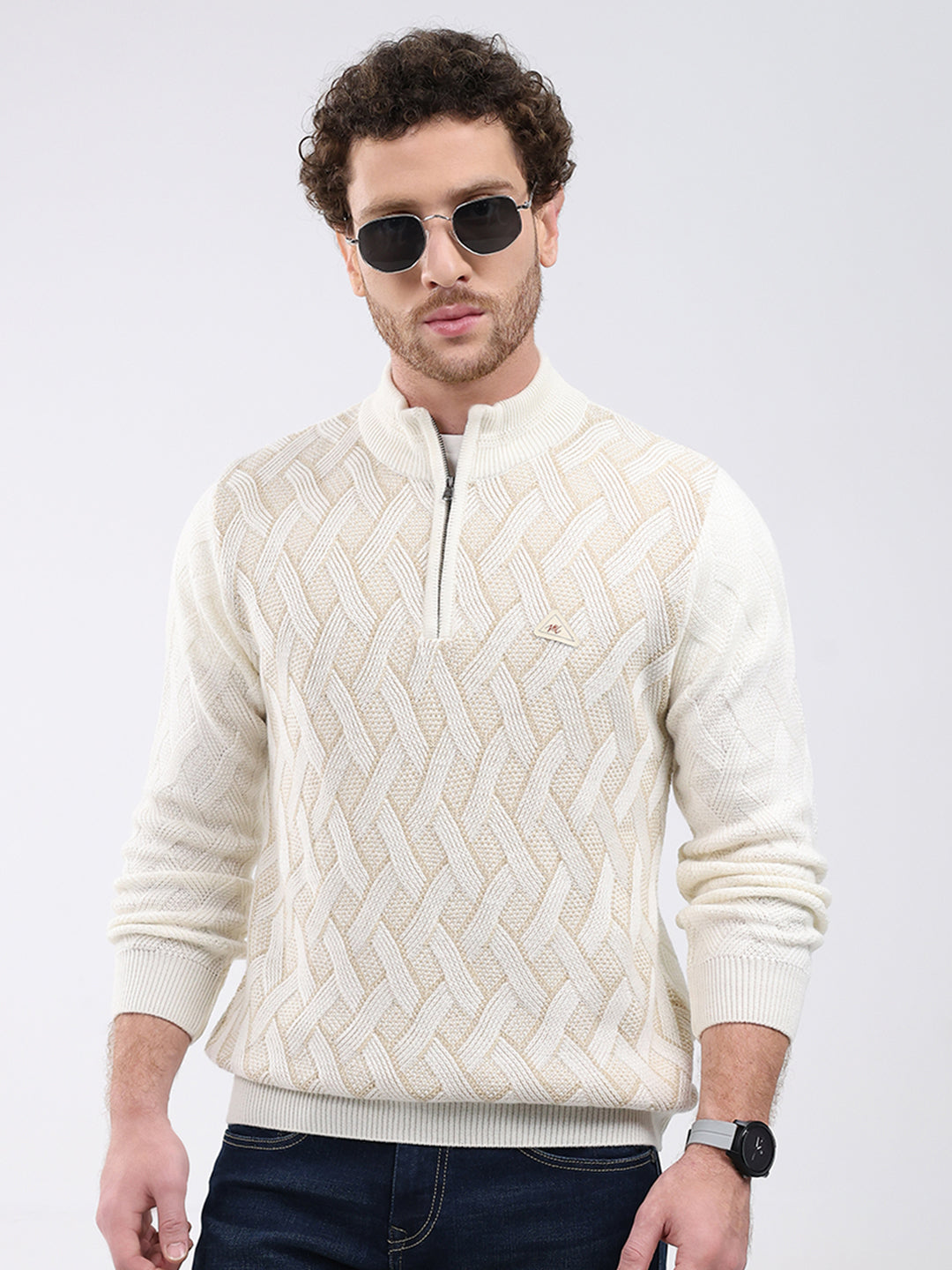 Men White Self Design Mock Neck Full Sleeve Pullover